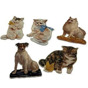 Merrimack VTG Kitty  Cat Dog Die Cut Cardboard Ornaments Lot of 5 1986